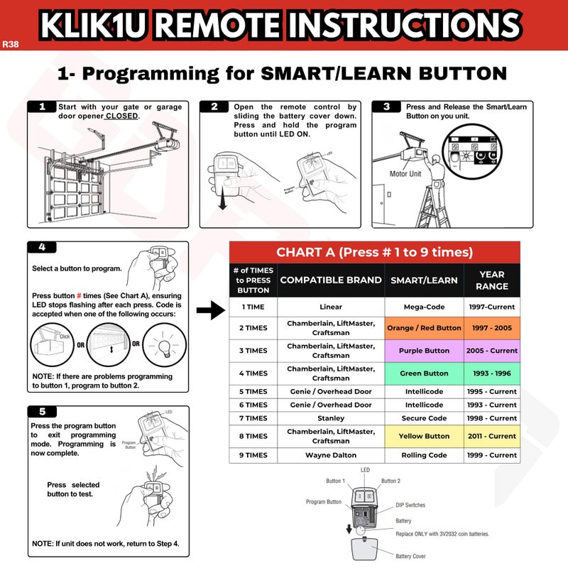 GDR PRO Universal Garage Door Opener Remote, Replaces Clicker 375LM, 375UT, KLIK1U, Compatible with LiftMaster, Chamberlain, Genie, Linear â€“ Dual Door or Gate Control â€“ Learn Button & Dip Switch Ready - Image 3